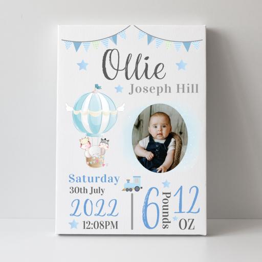Personalised Photo Baby Boy Birth Details Canvas