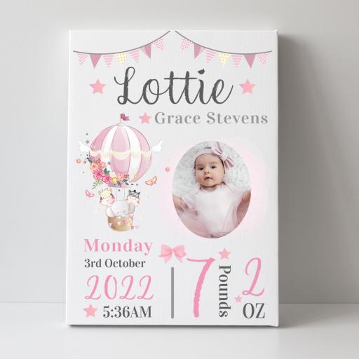 Personalised Photo Baby Girl Birth Details Canvas
