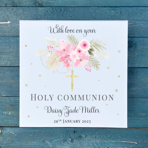 Personalised Holy Communion Keepsake Memory Box - Pink Flowers